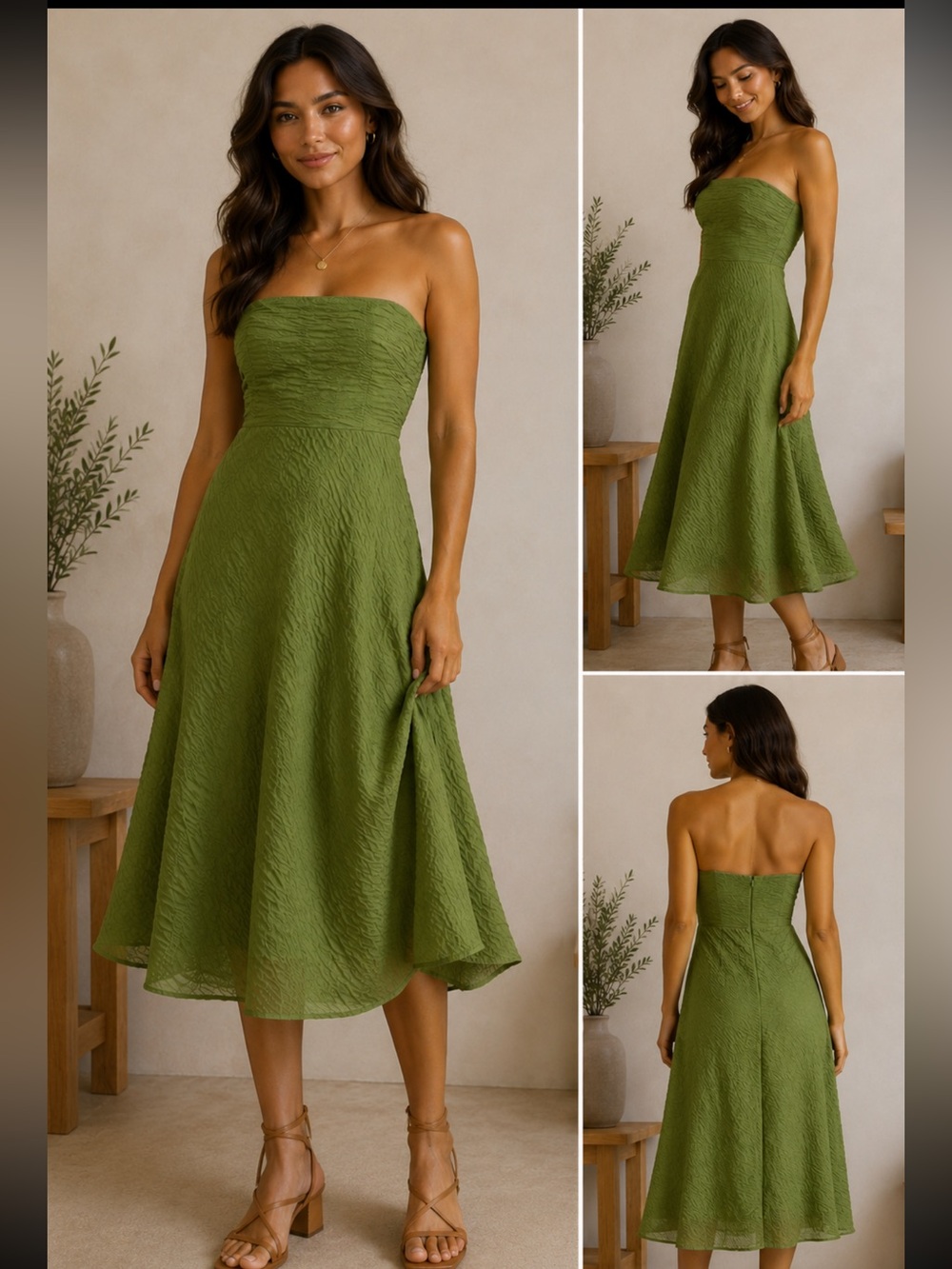 J. Crew olive green Strapless Textured  midi dress, fit and flare. P0
